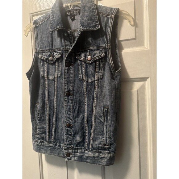 XXX Rude Denim Vest Size Small Cut Off Y2K Rock Punk Goth Emo Grunge Med Wash - Picture 3 of 4